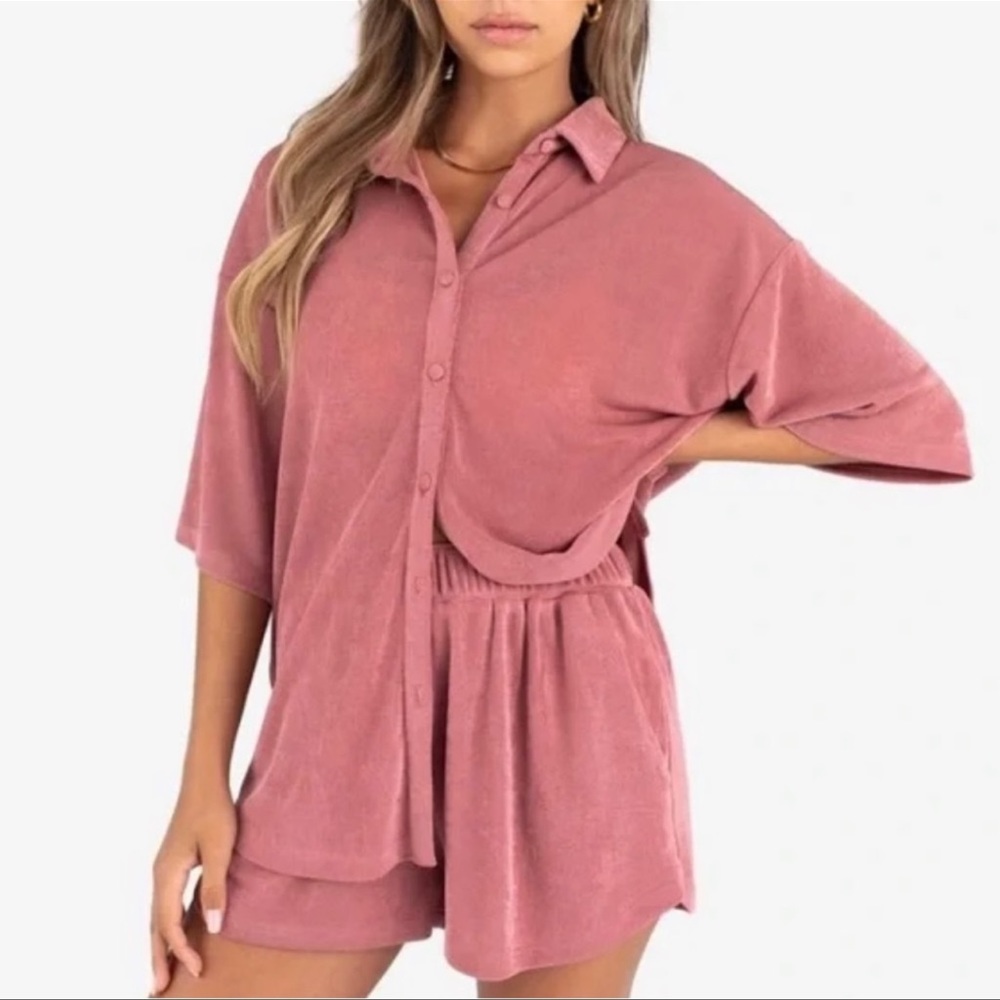 Kittenish Pink Blouse button up with short set